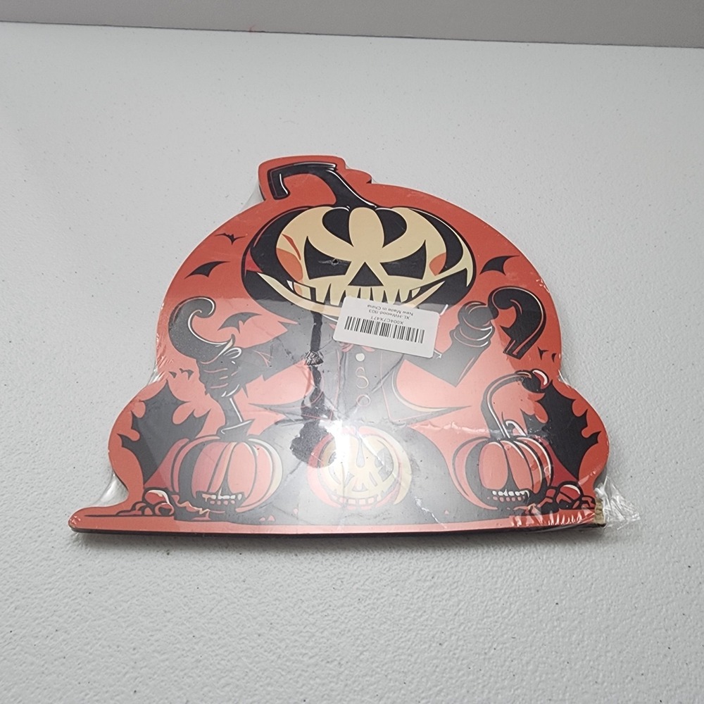 Small Painted Wood Halloween Picture With Stand Ornage Scary Pumkin New